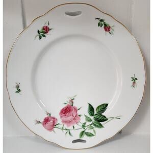 Vintage Rose Porcelain Plate Gold Rim Scalloped Edge Handles 10.3" Floral Decor